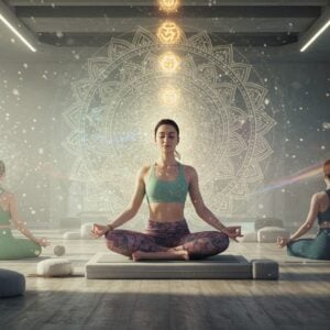A serene Indian woman in modern yoga attire blended with traditional elements, seated in padmasana on a floating lotus platform, her aura radiating in concentric circles of soft gold and azure blue. Behind her, a large intricate mandala pattern merges modern geometric designs with traditional Madhubani art elements, featuring interconnected chakra symbols. The scene is set in a contemporary minimalist space with floating sacred geometry patterns, meditation cushions, and sleek architectural elements. Ethereal light streams through large windows, creating a peaceful atmosphere. Ambient floating particles of light surround her, while subtle visual representations of prana (life force) flow through the scene in gentle streams of iridescent energy. The color palette combines muted pastels with deep spiritual colors - sage green, rose gold, cosmic purple, and celestial blue. The art style seamlessly blends hyperrealistic digital rendering with traditional Indian artistic elements, creating a contemporary spiritual aesthetic. Multiple semi-transparent layers show the same woman performing different yoga poses, symbolizing the journey from physical to spiritual practice.