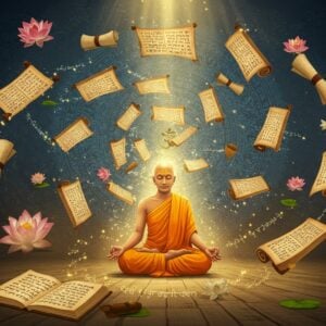 A serene Indian meditation scene with ancient palm leaf manuscripts and sacred texts floating in a spiral pattern around a central figure of a yogi in padmasana. The yogi, dressed in saffron robes, appears to be in deep meditation with a subtle golden aura. Rays of ethereal light emerge from the ancient texts, forming intricate Madhubani-style patterns in the air. The background features a large, detailed mandala in peacock blue and gold, with the Yoga Sutras' sacred symbols delicately woven into its design. Floating lotus flowers in soft pink and white create depth, while Sanskrit verses transform into swirling energy patterns. The scene is illuminated by warm, golden light from above, creating a mystical atmosphere. The art style combines traditional Indian Pattachitra patterns with modern digital luminescence and depth. Multiple levels of floating manuscripts and scrolls create a three-dimensional effect, with some partially unrolled to reveal ancient wisdom. Glowing threads of light connect the texts to the meditating figure, symbolizing the transmission of knowledge.