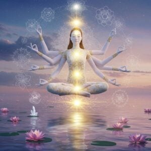 A serene Indian woman in lotus position floating ethereally above a reflective pool of water, wearing flowing white yoga attire with gold accents. Her body emanates a subtle golden aura, with seven glowing chakra points aligned vertically. Around her, multiple translucent sacred geometry patterns and mandalas in soft pastels (lavender, mint green, and rose gold) rotate gently. The background features a gradient from deep indigo to soft dawn pink, with wispy, illuminated clouds. Delicate lotus flowers in various stages of bloom float on the water surface, creating gentle ripples. Multiple ethereal arms extend from her form in a graceful mudra positions, creating a mandala-like pattern. Swirling energy patterns in gold and white connect her body to the elements around - air (shown as gentle swirls), water (as crystalline drops), earth (as floating crystal formations), and fire (as soft golden flames). The lighting is dreamy and diffused, with rays of light filtering through the scene. Art style combines hyperrealistic digital art with traditional Madhubani patterns in the details. The overall composition suggests balance, harmony, and spiritual transformation.