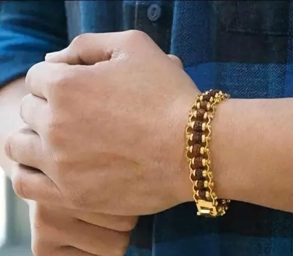 Gold Plated Rudraksh Bracelet - 5 Mukhi Rudraksh Rakhi - Bracelet for Men - Image 4