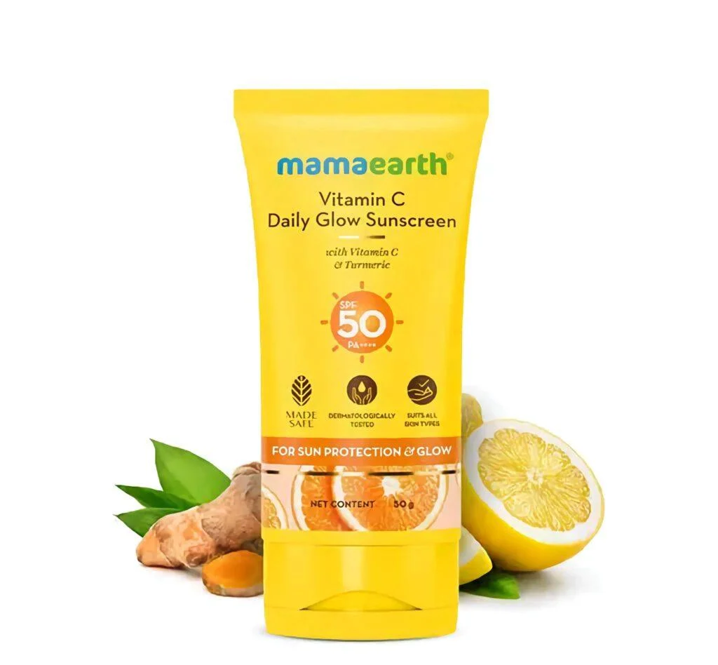 Mamaearth Vitamin C Daily Glow Sunscreen - Vitamin C & Turmeric for Sun Protection & Glow - With SPF 50 & PA+++ - 50gm - Single Piece