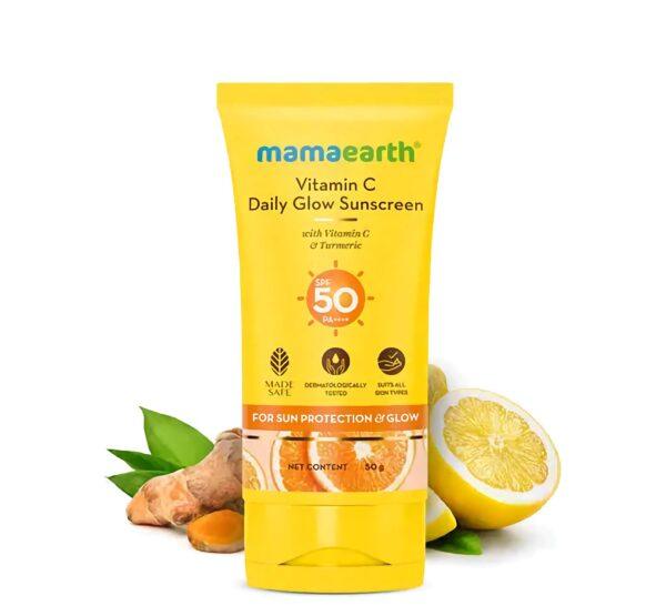 Mamaearth Vitamin C Daily Glow Sunscreen - Vitamin C & Turmeric for Sun Protection & Glow - With SPF 50 & PA+++ - 50gm - Single Piece