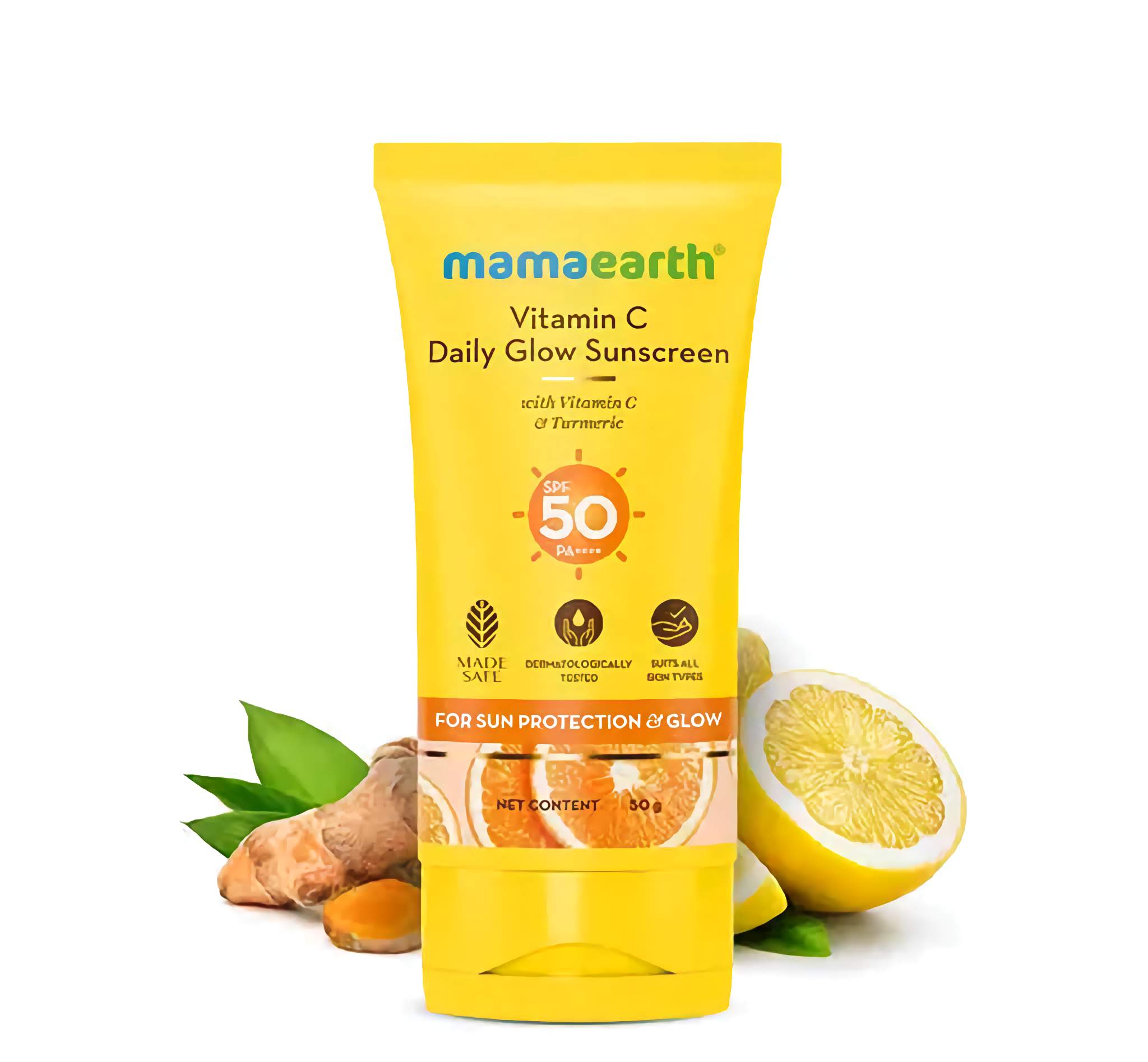 Mamaearth Vitamin C Daily Glow Sunscreen - Vitamin C & Turmeric for Sun Protection & Glow - With SPF 50 & PA+++ - 50gm - Single Piece