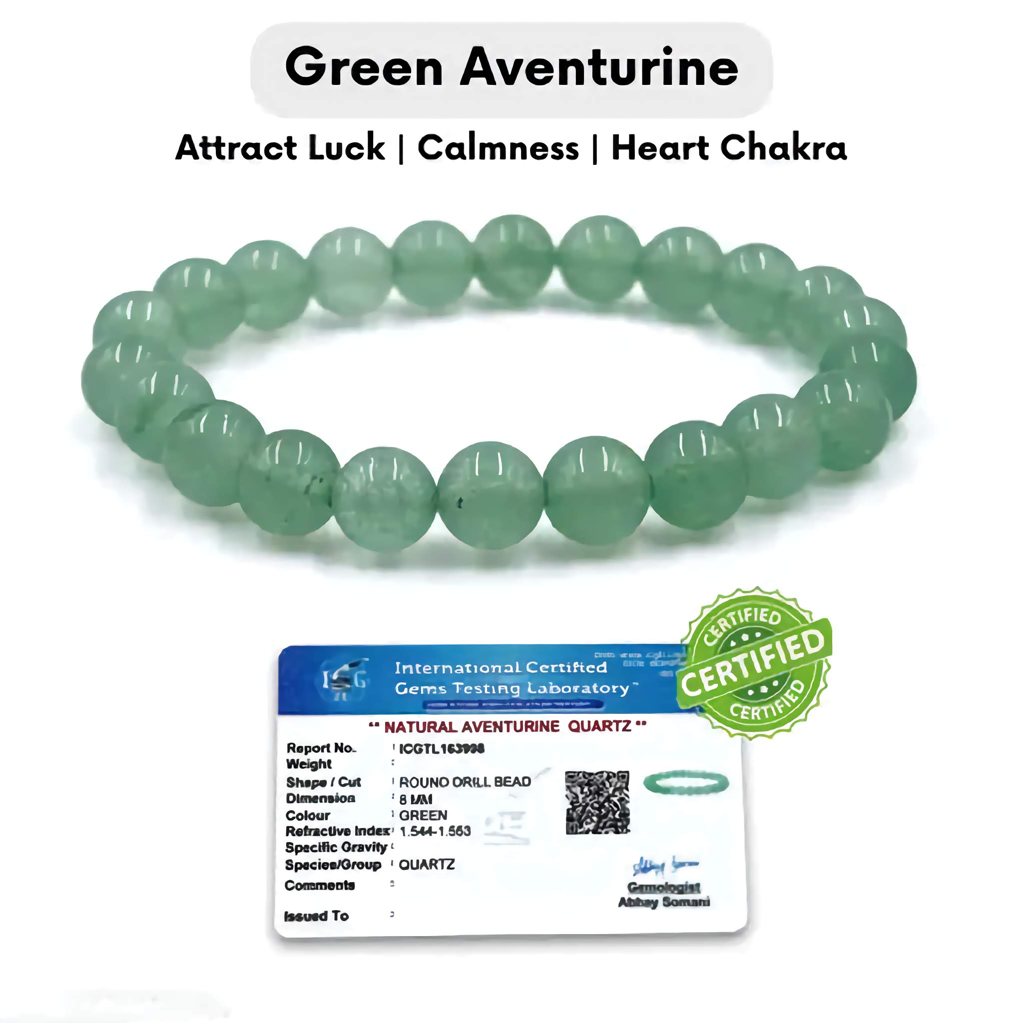 Natural Green Aventurine Crystal Bracelet - Healing Beaded Gemstone Bracelet with Authentic Lab Certificate - Handcrafted Jewelry - for Good Luck, Opportunity and Emotional Healing Positive Energy Bracelet for Prosperity, Calmness, and  Balance Heart Chakra