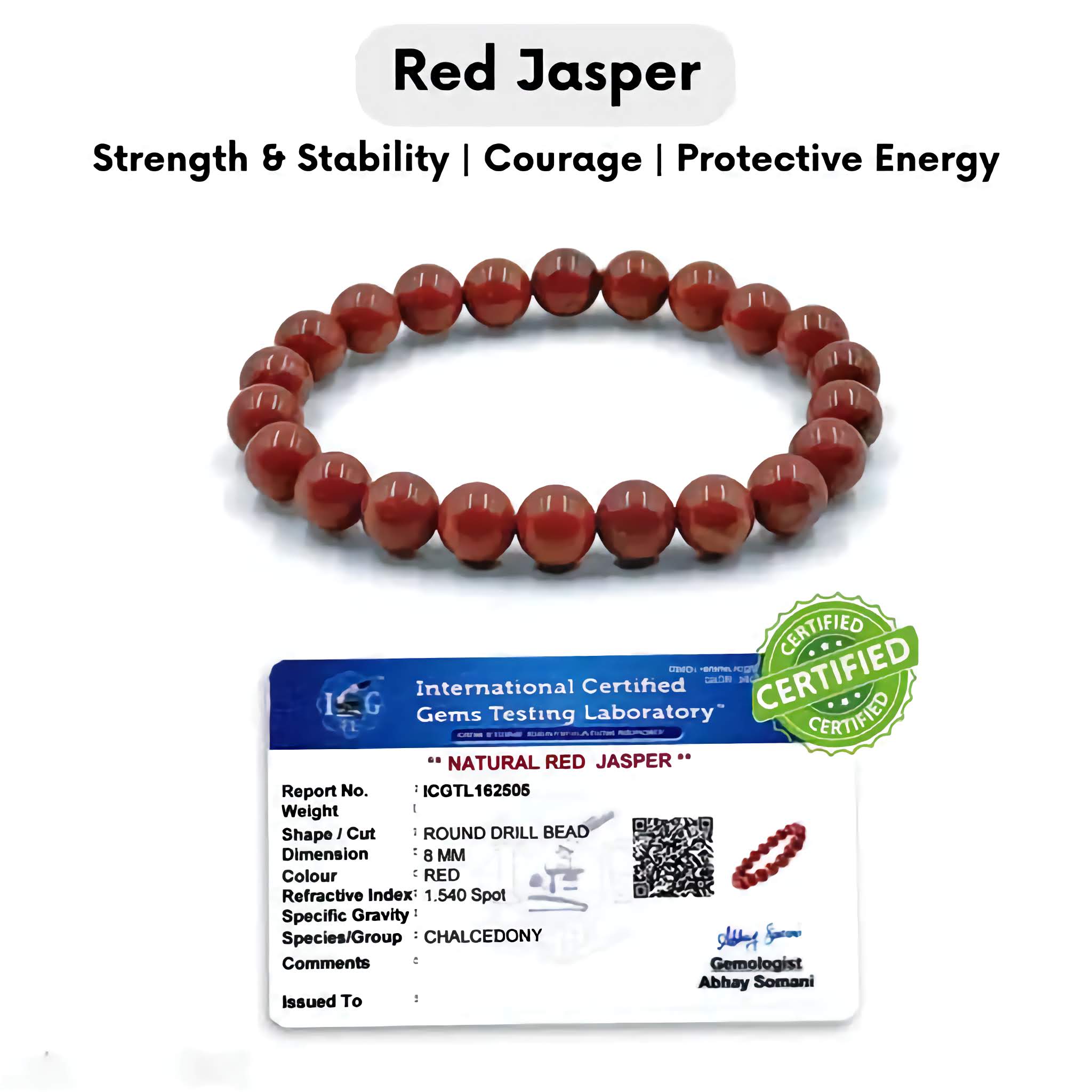 Natural Red Jasper Crystal  Bracelet - Healing Gemstone Beaded Bracelet Grounding Energy Stone - for Strength & Stability Handcrafted with Genuine Red Jasper Beads - Includes Certificate of Authenticity