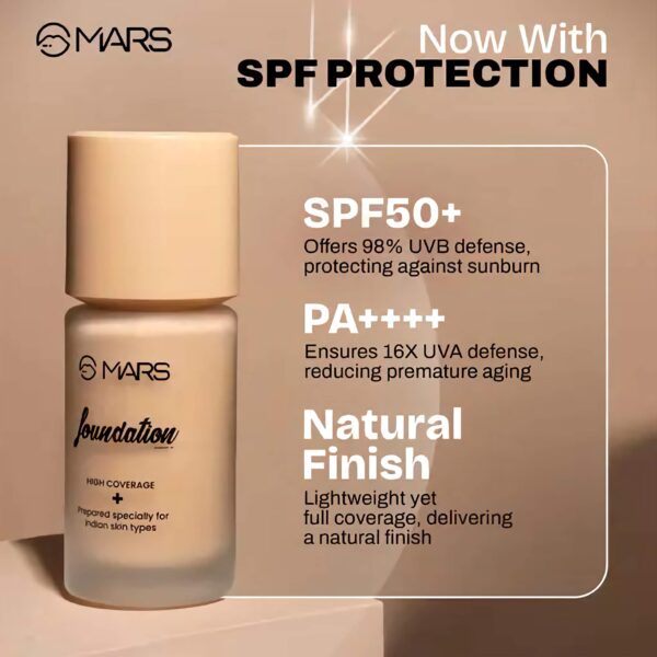 MARS SPF50 PA++++ High Coverage Liquid Foundation - Blemish Free & Blendable Foundation for Makeup - 40ml - Shade-02 - Image 4