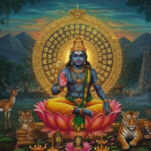 A majestic portrait of Lord Ayyappan seated in padmasana on a golden lotus throne, wearing traditional black dhoti and forest green angavastram, adorned with rudraksha mala and gold ornaments. His right hand holds a golden bell while his left hand rests in chin mudra. Behind him, a large, intricate mandala formed by 108 glowing golden Sanskrit letters arranged in a circular pattern, each emanating soft divine light. The background features the mystical Sabarimala temple at twilight with mist-covered mountains. Sacred deer grazes peacefully nearby. Tiger and leopard sitting harmoniously at his feet. The scene is illuminated by multiple oil lamps creating a warm, ethereal glow. Art style combines traditional Kerala mural art with modern digital aesthetics, featuring rich colors like deep forest greens, royal blues, and burnished gold. Floating lotus petals and subtle sparkles add a magical quality. The overall composition emphasizes divinity and serenity with a photorealistic finish and soft lighting effects.