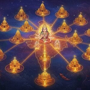 A magnificent aerial view of a sacred spiritual map of India, intricately depicted in traditional Madhubani style with modern digital aesthetics. The map features 18 glowing golden points representing the Shakti Peethas, each emanating divine energy in the form of lotus-shaped auras. At the center, a large, ethereal form of Goddess Sati, depicted in translucent spiritual energy, her form dissolving into multiple fragments of light reaching each Peetha. The background shows a blend of deep midnight blue and cosmic purple, with subtle mandalas and yantra patterns floating in space. Sacred symbols and motifs in gold and saffron float around each Peetha point. The scene is illuminated by soft, divine light creating a mystical atmosphere. Small, detailed vignettes near each point show miniature temples in traditional Indian architecture style. Peacock feathers, lotus flowers, and sacred geometric patterns frame the entire composition. The art style combines hyperrealistic temple architecture with ethereal spiritual elements, rendered in rich colors of gold, deep maroon, peacock blue, and saffron.