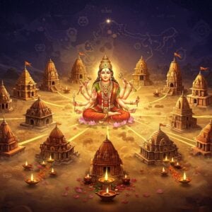 A majestic panoramic view of sacred Shakti Peethas emerging from a mystical golden mist, arranged in a circular mandala pattern. In the center, a luminous form of Goddess Sati in meditation pose, her ethereal body dissolving into 51 streams of divine energy. Each stream connects to a miniature temple featuring distinct architectural styles from different regions of India. The temples are adorned with intricate Madhubani-style patterns and floating lotus flowers. The scene is illuminated by warm, divine light creating a surreal atmosphere. Floating diyas and flower petals encircle the temples. The background shows a stylized map of the Indian subcontinent in deep indigo and gold, with each Shakti Peetha marked by a glowing point. Elements like the crescent moon, Trishul, and yantra patterns float in the ethereal space. The color palette includes deep maroon, saffron, peacock blue, and metallic gold, with soft glowing auras. Incorporates both photorealistic temple architecture and mystical spiritual elements in a balanced composition. The artwork should maintain a respectful, sacred aesthetic while being visually dramatic and engaging.
