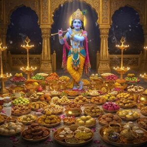 A grand, ornate golden temple courtyard with Lord Krishna in his signature blue complexion, adorned with a peacock feather crown, yellow pitambara, and intricate gold jewelry, standing gracefully with his flute. Before him, an elaborate arrangement of 56 different traditional dishes displayed on golden and silver thalis, decorated with fresh flowers and diyas. The dishes include sweets, fruits, savories, and drinks, each meticulously detailed with authentic Indian cooking elements. Divine light streams from above, creating a ethereal glow around the offerings. Intricate Madhubani-style patterns frame the scene, with floating lotus petals and subtle mandala designs in the background. Modern LED lights blend seamlessly with traditional oil lamps, creating a contemporary yet spiritual atmosphere. Small wisps of sacred incense smoke curl upwards, while peacocks with detailed feathers grace the periphery. The color palette combines deep royal blues, rich golds, vibrant magentas, and serene pastels. Hyperrealistic rendering with magical elements, 8k quality, cinematic lighting.