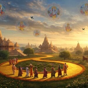 A panoramic view of Braj's sacred landscape at sunrise, with a winding golden path forming a perfect circle through lush forests and ancient temples. In the foreground, a group of Indian devotees in traditional attire (men in white kurtas, women in colorful sarees) walking barefoot on the path, carrying ceremonial items. The path is adorned with vibrant marigold flowers and tulsi plants. The background features iconic temples of Braj with intricate Nagara architecture, their spires catching the first rays of dawn. Floating above the scene are ethereal, translucent mandalas containing miniature scenes from Krishna's life in Madhubani art style. The sky shows a mystical gradient from deep saffron to peacock blue, with soft golden clouds. Sacred peacocks and parrots flutter nearby. The entire scene is illuminated by a divine, soft glow, with rays of light creating a halo effect. Art style combines hyperrealistic digital rendering with traditional Indian Pattachitra patterns in the details. The atmosphere should evoke both spiritual serenity and the grand scale of the pilgrimage.