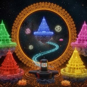 A majestic digital portal frame adorned with intricate Madhubani patterns in gold and saffron, through which five distinct, glowing Shiva temples are visible, each temple representing one of the Pancharama Kshetras. The temples float on ethereal lotus platforms amidst a surreal cosmic backdrop with shimmering stars and digital particles. Each temple radiates a unique colored aura - emerald green for Amaralingeswara, royal blue for Bhimeswara, deep red for Draksharama, golden for Kumararama, and pristine white for Somarama. Sacred Om symbols and yantra patterns float in the space between temples, rendered in a modern holographic style. A flowing stream of virtual light particles creates a path connecting all temples, suggesting digital connectivity. The scene is illuminated by soft, divine light emanating from a central Shiva Lingam that appears both ancient and futuristic. The foreground features stylized lotus flowers in pastel hues merging with digital circuit patterns. The overall composition combines traditional temple architecture with modern digital aesthetics, creating a bridge between ancient spirituality and future technology. Hyperrealistic 3D rendering with ethereal lighting effects.