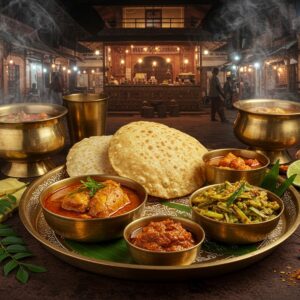 A richly detailed Indian street food scene in Agartala featuring a traditional Bengali thali on a brass plate decorated with intricate Madhubani patterns, containing risa (Tripuri chicken curry), chakhwi (bamboo shoot curry), and mosdeng serma (chili chutney). The thali is surrounded by modern food photography elements with dramatic lighting and steam rising artistically. In the background, a contemporary marketplace with traditional architecture merges with modern elements, showing string lights and contemporary food stalls. The scene includes fresh local ingredients like bamboo shoots, bhut jolokia chilies, and seasonal vegetables arranged in a visually striking manner. The color palette combines deep maroons, saffron yellows, and rich greens, with ambient golden lighting. The composition includes traditional brass utensils with modern plating techniques, garnished with fresh curry leaves and edible flowers. Hyper-realistic digital art style with elements of traditional Indian art, emphasizing textures, steam, and atmospheric lighting. The scene should evoke both tradition and modernity, with a focus on the sensory experience of food.