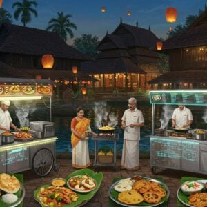 A bustling Indian street scene at dusk with warm golden lighting, featuring traditional Kerala-style buildings with tiled roofs and ornate wooden architecture around Vadakkechira pond. In the foreground, a modern food court setup with sleek, contemporary stainless steel food carts adorned with LED lighting strips and holographic menu displays. Three generations of Indian food vendors in traditional Kerala attire (mundus and white shirts) preparing diverse dishes, creating steam and smoke effects that catch the ambient lighting. Detailed food presentations on banana leaves showing Kerala parottas, steaming idlis, colorful fish curry, golden-brown banana fritters, and sizzling tawa-grilled items. Modern young Indian food bloggers with sophisticated camera equipment capturing the scene. The background features the illuminated Vadakkechira Temple with its reflection in the pond. Art style combines traditional Keralan mural art elements with modern digital aesthetics, emphasizing rich colors like deep gold, burnt orange, and peaceful blue. Hyper-realistic food details with stylized atmospheric elements like steam and lighting halos. The scene includes floating paper lanterns and string lights creating a magical atmosphere, with subtle Madhubani-style patterns in the background architecture.