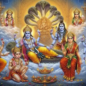 A majestic, celestial durbar scene depicting the main Hindu deities arranged in a harmonious composition. In the center, Lord Vishnu with four arms (chakra in upper right, conch in upper left, mace in lower right, and lotus in lower left) reclines on Shesha Naga, with Goddess Lakshmi seated at his feet. To the right, Lord Shiva in deep meditation posture, with three eyes, crescent moon on his head, blue throat, tiger skin, and trident beside him, while Goddess Parvati stands near with her red saree and gold ornaments. To the left, Lord Brahma with four heads and four arms sits on a lotus, holding vedas and performing creation. Lord Ganesha with his elephant head, large belly, and mouse vehicle sits prominently in the foreground, while Lord Hanuman with his monkey features and orange dhoti stands in a devotional pose. Behind them, a massive ornate golden mandala radiates divine light, surrounded by floating lotus flowers and sacred symbols. The scene is rendered in rich colors - royal blues, deep crimsons, saffron, and gold, with intricate Madhubani-style patterns in the background. Ethereal light streams through clouds, creating a mystical atmosphere. The deities' auras glow with divine energy, and their expressions are serene and compassionate. The composition maintains traditional iconography while incorporating modern digital art techniques for a contemporary spiritual aesthetic.