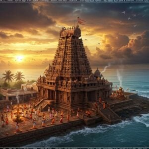A grand aerial view of the ancient Ketheeswaram Temple at sunset, with its ornate Dravidian architecture glowing in golden light. The temple's distinctive pyramidal vimana towers rise majestically against a dramatic sky filled with swirling peacock blue and saffron clouds. In the foreground, a group of devotees in traditional Tamil attire perform ritual circumambulation around the temple, their oil lamps creating a trail of ethereal light. The temple is surrounded by the azure waters of the Indian Ocean, with gentle waves lapping at its base. Intricate Madhubani-style patterns frame the scene, incorporating ancient Tamil-Brahmi inscriptions and traditional kolam designs. The atmosphere is mystical with subtle light rays piercing through clouds, illuminating the temple's ancient stone walls. Small details include palm trees swaying in the coastal breeze, traditional temple flags fluttering, and the smoke from ritual fire ceremonies rising in spirals. The color palette focuses on deep maroons, ocean blues, and burnished golds, with highlights of soft coral and turquoise. Rendered in a style blending hyperrealistic digital art with traditional Indian art motifs, emphasizing both the temple's historical significance and its living spiritual tradition.