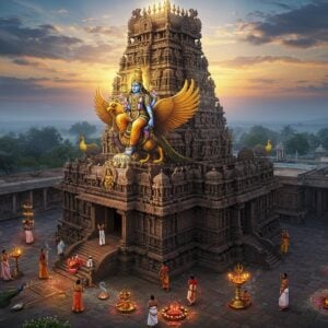 A majestic aerial view of Kallalagar Temple at dawn, with Lord Vishnu seated on Garuda emerging from the temple's golden vimana, rendered in a ethereal, luminous style. The temple architecture features intricate Dravidian details with traditional granite stonework illuminated by soft morning light. Lord Vishnu is depicted in His characteristic form with four arms - holding the Sankha (conch) in upper left, Chakra (discus) in upper right, Gadha (mace) in lower right, and Padma (lotus) in lower left, adorned with golden ornaments and Vaijayanti mala. Mystical rays of divine light emanate from the temple spire, creating a supernatural aura. The foreground shows devotees in traditional Tamil attire performing pradakshina around the temple, with floating lotus flowers and vibrant rangoli patterns. The scene is enhanced with swirling patterns of incense smoke, ethereal mandalas, and peacocks in the temple courtyard. The color palette combines deep spiritual blues, morning golds, and earthy temple stones, with highlights of saffron and vermillion. The overall composition balances photorealistic architectural details with surreal spiritual elements in the Poojn signature style.