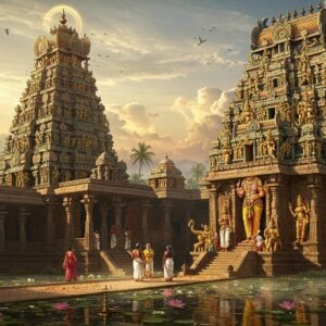 A majestic South Indian temple complex with towering gopurams decorated in traditional Dravidian architecture style, featuring intricate carvings of deities and mythological scenes in gold and earthy tones. Lord Venkatachalapathy stands in the center, depicted with four arms - upper right hand holding the Sudarshana Chakra, upper left hand holding the Panchajanya conch, lower right hand in Abhaya mudra, and lower left hand resting on hip. He wears traditional temple jewelry, a magnificent crown, and golden yellow vastram. The temple courtyard features ornate stone pillars with carved elephants and peacocks, while sacred lotus pools reflect the warm morning sunlight. Devotees in traditional Tamil attire circumambulate the temple. The scene includes mystical elements like divine light streaming through clouds, floating flower petals, and ethereal mist. The art style combines hyperrealistic architectural details with ethereal lighting effects and rich, deep colors like gold, saffron, and peacock blue. The atmosphere captures both grandeur and serenity, with soft glowing halos and subtle mandala patterns in the sky.