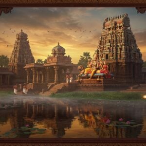A majestic South Indian Vishnu temple complex at dawn, with golden rays illuminating its ornate gopuram adorned with intricate Dravidian sculptures. Lord Vishnu as Appakkudathaan in reclining position on Adisesha with four hands - lower right hand in abhaya mudra, upper right hand holding chakra, lower left hand pointing to his feet, and upper left hand holding conch. Goddess Lakshmi seated at his feet. The scene features a serene temple pond with blooming lotus flowers in the foreground reflecting the temple's image. Subtle morning mist adds ethereal quality. Rich colors of deep maroon, saffron, and peacock blue dominate. Intricate Madhubani-style patterns frame the scene. Divine aura represented through soft golden orbs of light floating around. Temple priests in traditional attire performing morning rituals. Architectural details include carved pillars, stone mandapams, and traditional oil lamps. Style combines hyperrealistic architectural details with mystical Indian art elements, creating a seamless blend of traditional and modern aesthetics. 8K quality, cinematic lighting, photorealistic textures.