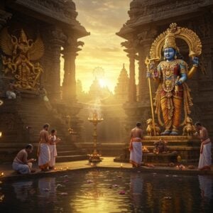 A majestic ancient South Indian Vishnu temple at dawn, with golden sunrays filtering through ornate gopuram architecture, casting sacred geometric shadows. The main shrine features Lord Vishnu in standing position with four arms, holding Sankha, Chakra, Gada, and Padma, adorned in rich golden traditional temple jewelry and vibrant silk vastram. The foreground shows devotees performing pradakshina around a sacred pool reflecting mystical light, with floating lotus flowers and oil lamps. Traditional brass temple bells and intricate Madhubani-style patterns frame the scene. The color palette combines deep temple golds, sacred saffron, and peaceful blues. Ethereal smoke from ritual fires rises in spirals, creating a dreamy atmosphere. Detailed stone carvings of Garuda and divine scenes adorning temple walls are highlighted by warm morning light. The scene captures both architectural grandeur and intimate spiritual moments, with subtle mandala patterns in the sky. Photorealistic digital art with mystical overtones, 8k quality, cinematic lighting