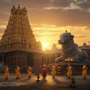 An ancient majestic Brihadisvara Temple at sunset, towering 216 feet high with its golden vimana catching the last rays of sun, creating a divine glow. The foreground shows detailed Dravidian architecture with intricate stone carvings of dancing figures and deities. A group of devotees in traditional Tamil attire performing classical Bharatanatyam in the temple courtyard, their silk sarees in deep maroon and gold creating fluid movements. The massive Nandi statue in black granite sits prominently, adorned with fresh garlands and surrounded by brass oil lamps with glowing flames. Ethereal light streams through temple pillars, creating dramatic shadows. The scene features floating mandalas, mystical geometric patterns in gold and saffron. Traditional kolam patterns in white decorate the stone floor. Soft fog adds mystical atmosphere, with floating lotus petals and incense smoke creating layers of depth. The color palette combines deep oranges, golden yellows, and rich browns with accents of peacock blue. Art style merges hyperrealistic architectural details with ethereal, spiritual elements in a modern digital aesthetic, maintaining traditional Chola period accuracy.