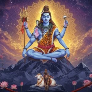 A majestic Lord Shiva in meditation pose, floating above Mount Kailash, portrayed with blue-tinted skin, long flowing dreadlocks adorned with crescent moon and Ganga, third eye prominent on forehead. Four arms holding trishul in upper right hand, damaru in upper left hand, lower right hand in abhaya mudra, and lower left hand holding rudraksha mala. Wearing tiger skin, sacred thread, and serpents as ornaments. Behind him, a massive golden mandala radiates divine light, merging with cosmic energy swirls in deep purples and ethereal blues. The scene is surrounded by intricate Madhubani-style patterns. Nandi sits reverently at the mountain's base. Floating lotus flowers and rudraksha beads create a foreground frame. The lighting is otherworldly, with soft moonlight mixing with the divine aura. Mount Kailash appears semi-transparent with sacred geometry patterns. Style is hyper-detailed digital art with traditional Indian art influences, cinematic lighting, 8k resolution, photorealistic texturing.