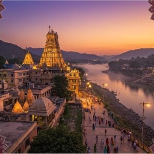 A majestic aerial view of Srisailam temple complex at dusk, with the ancient Mallikarjuna Jyotirlinga temple's golden shikhara illuminated against a deep purple-orange sky. Modern luxury hotels and dharamshalas blend seamlessly with traditional architecture in the foreground, their windows warmly lit. The Krishna River flows gracefully around the temple hill, reflecting the sunset in brilliant hues of saffron and gold. Detailed Madhubani-style patterns frame the scene, featuring intricate mandalas and lotus motifs in deep maroon and peacock blue. Small groups of pilgrims in contemporary Indian attire walk along well-lit pathways leading to the temple. The atmosphere combines modern amenities with spiritual serenity, showing comfortable rest houses with traditional Indian architectural elements. Soft, ethereal fog rolls across the river, creating a mystical ambiance. The scene is rendered in a photorealistic style with subtle digital art elements, emphasizing both the historical significance and modern facilities. Small glowing diyas and modern streetlights create a welcoming atmosphere, while distant mountains are silhouetted against the twilight sky.