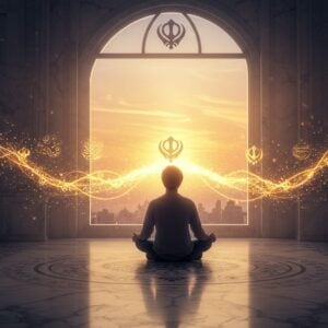 A serene scene showing a young Sikh scholar in a modern, minimalist meditation space with traditional elements. He sits cross-legged on a white marble floor with intricate Punjabi patterns, surrounded by floating, ethereal visualizations of the Panj Bania (five daily prayers) represented as golden light streams. A large, ornate window behind him reveals a sunrise with soft pastel purples and oranges. Traditional Gurmukhi calligraphy manifests as shimmering particles in the air. The scholar wears contemporary clothes with a neatly tied turban, while geometric patterns inspired by Sikh architecture float around him in glowing lines. Multiple transparent layers show the same figure in different meditation poses, creating a sense of spiritual progression. The lighting is warm and divine, with rays of light filtering through the window. Soft bokeh effects and subtle lens flares add to the modern aesthetic. The color palette includes deep navy blues, royal purples, and warm golds. The scene is rendered in a clean, high-end digital art style with photorealistic elements, maintaining cultural accuracy while appealing to contemporary sensibilities.