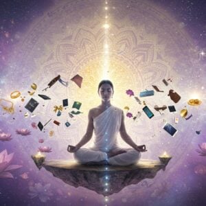 A serene Indian woman in flowing white meditation robes seated in padmasana on a floating lotus platform, surrounded by dissolving material possessions - golden jewelry, modern gadgets, and luxury items transforming into ethereal light particles rising upward. Multiple translucent layers of her silhouette emerging and detaching, symbolizing letting go. The background features a large, intricate mandala in soft golden light with sacred geometry patterns. Swirling energy in pastel blues and purples creates a spiral effect around her. The scene is set in a mystical space with floating lotus flowers, some solid and others dissolving into light. Soft glowing orbs and delicate light rays illuminate the scene. The woman's expression is peaceful and enlightened, with a subtle golden aura around her. The art style combines traditional Madhubani patterns in the mandala with modern digital ethereal effects, using a color palette of white, gold, soft purple, and celestial blue. Hyperrealistic details in the woman's features contrasting with the spiritual, abstract elements around her.