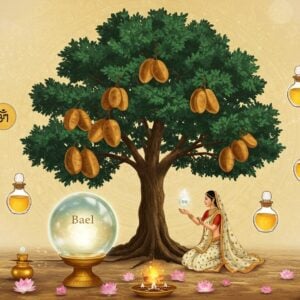 A serene composition featuring a majestic Bael tree in the center, its distinctive tri-foliate leaves rendered in deep emerald green, with golden-brown woody fruits hanging prominently. The tree emanates a soft, ethereal glow in Madhubani art style. In the foreground, an elegant Indian woman in a flowing white and gold saree performs a healing ritual, her hands cupped around a floating, translucent homeopathic globe containing a luminescent Bael extract. Traditional Ayurvedic symbols and intricate mandala patterns in gold and saffron swirl in the background. Small vials of homeopathic medicine arranged in a circular pattern float around the tree, each containing a golden liquid. The scene is bathed in a warm, healing light with subtle touches of peacock blue and soft amber. Scattered lotus flowers in pastel pink add depth to the foreground. The overall composition merges traditional Indian artistic elements with modern digital art techniques, creating a harmonious blend of ancient wisdom and contemporary healing practices. Hyperrealistic details in the fruits and leaves, with a mystical, surreal atmosphere.