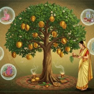 A majestic Bael tree with its distinctive tri-foliate leaves rendered in detailed Madhubani art style, centered in the composition. The tree bears golden-yellow, ripe Bael fruits with their characteristic woody shell texture. Around the tree, a circular mandala pattern forms, incorporating traditional Indian medicinal symbols and sacred geometric patterns in deep saffron and peacock blue. In the foreground, a beautiful Indian woman in a cream-colored silk saree with golden border performs a traditional offering to the tree, with a copper plate containing Bael leaves and flowers. The scene is illuminated by ethereal, soft golden light filtering through the leaves. Floating around the tree are translucent, glowing spheres containing visual representations of its healing properties - a stomach for digestion, a heart for cardiac benefits, and cooling blues for fever reduction. The background features intricate Pattachitra-style patterns in muted pastels, with small vignettes of traditional Ayurvedic preparation methods. The overall composition maintains a surreal, dreamy quality with a sophisticated color palette of earth tones, gold, and deep greens, enhanced by subtle spiritual symbols and sacred geometry.