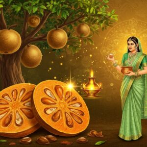 A majestic Bael tree with golden-hued leaves in the center, its branches adorned with perfectly ripe, large Bael fruits having a wooden-textured shell. In the foreground, a cross-section of the Bael fruit revealing its aromatic orange-amber pulp with tiny seeds, surrounded by a mystical golden aura. An ethereal Indian woman in a flowing sage green saree, adorned with traditional gold jewelry, holds a copper ayurvedic bowl containing Bael fruit extract. Intricate Madhubani-style patterns featuring medicinal herbs and healing symbols float in the background. The scene is illuminated by warm, healing light with subtle sparkles. Floating mandalas made of traditional medicinal ingredients surround the composition. The art style combines hyperrealistic botanical illustration with traditional Indian art elements, rich in details and textures. The color palette includes deep forest greens, wooden browns, golden yellows, and healing oranges. Soft glowing orbs of light create a magical, medicinal atmosphere.