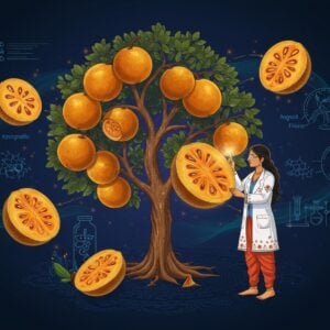 A luminous, stylized illustration of a sacred Bael tree in full bloom, with golden-orange bael fruits prominently displayed. The tree emerges from an intricate Madhubani-style mandala base in deep indigo and gold. Floating around the tree are scientifically accurate cross-sections of bael fruits revealing their internal structure, rendered in a modern medical illustration style with soft glowing highlights. An ethereal Indian female scientist in a contemporary lab coat adorned with traditional paisley patterns studies the fruit, her pose reminiscent of ancient Indian manuscript illustrations. Surrounding the scene are delicate, anatomically accurate ayurvedic diagrams showing the fruit's healing properties, flowing like sacred scriptures. The background features a gradient from deep peacock blue to soft sunrise orange, with subtle sacred geometry patterns. Traditional medicinal herbs and modern laboratory equipment blend seamlessly in the foreground. The lighting is dramatic with divine rays highlighting the bael fruits, creating an aura of both scientific precision and spiritual significance. The overall composition merges Pattachitra art style with modern scientific visualization techniques.