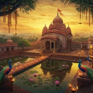 A magnificent aerial view of Tripura Sundari Temple during sunset, rendered in rich traditional Indian art style with modern digital effects. The temple's ornate Bengali-style architecture features detailed red and white spires against a mystical golden sky. In the foreground, a serene pond reflects the temple's image, adorned with blooming pink lotus flowers. Sacred peacocks with intricate Madhubani-style patterns grace the temple courtyard. Glowing mandalas float in the air, emitting soft ethereal light in shades of saffron and turquoise. Traditional oil lamps create a path leading to the temple, their flames casting a warm glow. The scene is framed by ancient banyan trees with hanging roots decorated with marigold garlands. Delicate spiritual symbols and geometric patterns inspired by Pattachitra art flow through the air like celestial energy. The lighting combines natural golden sunset hues with subtle divine luminescence, creating a dreamlike atmosphere. In the background, distant hills appear in misty peacock blues and deep purples, with small temples dotting their slopes. Hyperrealistic texturing on the temple's stone surfaces, with intricate carvings catching the light.