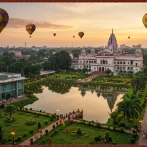 A stunning aerial view of Agartala city at golden hour, with the majestic Ujjayanta Palace in white and red architecture prominently featured in the center, its reflection shimmering in a serene lake. The foreground showcases a modern glass-and-steel building seamlessly blending with traditional Bengali architecture. Lush green gardens and palm trees line the streets. In the sky, vibrant hot air balloons in traditional Indian patterns float gracefully. The scene is dotted with intricate Madhubani-style borders featuring local Tripura motifs in deep maroon and gold. The lighting creates a dreamy atmosphere with soft pastels of pink and orange in the sky, while small glowing lanterns illuminate the palace grounds. Traditional Bengali women in colorful sarees walk through beautifully manicured gardens with lotus ponds. The composition includes subtle references to local culture with bamboo crafts and traditional woven textiles patterns integrated into the architectural details. The art style combines hyperrealistic architectural details with ethereal lighting and traditional Indian artistic elements, creating a harmonious blend of modern and traditional aesthetics.