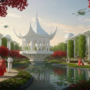 A serene panoramic view of a modern Indian garden blending traditional Tripura architecture with futuristic elements, featuring a magnificent white marble pavilion with traditional Bengali-style curved roofs floating over a crystal-clear lotus pond. In the foreground, young Indian families in contemporary clothing walk through winding pathways lined with blooming krishnachura trees casting vibrant red petals. Advanced vertical gardens cascade down sleek glass structures, while solar-powered illuminated spheres hover above manicured lawns. The scene includes subtle references to Tripura's heritage with stylized tribal motifs integrated into modern pergolas. The lighting is warm and golden, casting long shadows across the landscape, with soft pastel pink and purple hues in the sky. Small automated garden maintenance drones disguised as butterflies float among the flowers. The art style combines hyperrealistic digital rendering with traditional Madhubani patterns in the decorative elements, creating a harmonious blend of tradition and innovation. The overall composition emphasizes lush greenery, sustainable technology, and community gathering spaces.