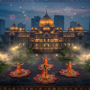 A majestic aerial view of Agartala's Ujjayanta Palace illuminated at dusk, with its Indo-Saracenic architecture gleaming in soft golden light. The foreground features traditional Tripuri women in rich risa and rinai attire performing the Hojagiri dance on lotus-shaped platforms. The scene is surrounded by intricate Madhubani-style borders with motifs of bamboo, pineapples, and local flowers. A ethereal blend of past and present shows modern glass buildings reflecting the palace in their surfaces, while traditional bamboo crafts and woven textiles float as luminous patterns in the sky. The color palette combines deep royal blues, gold, and crimson with modern neon accents. Realistic details of the palace's domes and spires merge with surreal elements like floating traditional oil lamps and glowing mandalas. The composition includes elements of Tripuri tribal art patterns, with contemporary digital effects creating a bridge between heritage and modernity. Soft mist partially shrouds the scene, creating depth and mystery, while spotlights of warm light highlight key architectural features.