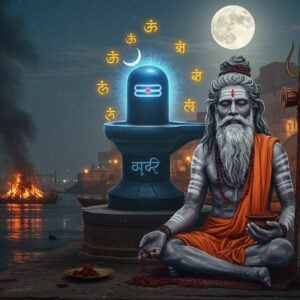 A mystical Indian Aghori sadhu seated in padmasana on a moonlit riverbank of Varanasi, adorned with sacred rudraksha beads and white vibhuti ash. His matted dreadlocks flow naturally, holding a kapala (skull bowl) in his left hand while his right hand forms the abhaya mudra. Behind him rises an intricately detailed Shiva lingam emanating a supernatural blue aura, surrounded by floating Sanskrit symbols rendered in golden light. The background features the ancient ghats of Varanasi with burning funeral pyres creating an ethereal orange glow. Smoke tendrils form mystical patterns in the air, while the full moon casts silver reflections on the Ganges river. The scene combines traditional Madhubani patterns in the sky with photorealistic details, using a color palette of deep indigos, burnt oranges, and ash greys. Small details include beads of rudraksha catching moonlight, the natural texture of ash on the sadhu's skin, and the realistic flame patterns from the distant pyres. Hyperrealistic digital art style with dramatic lighting and atmospheric depth.
