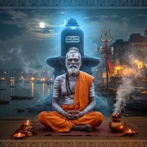 A serene Indian ascetic in traditional Aghori attire seated in padmasana near the banks of Ganges at twilight, surrounded by sacred ash smeared on his body. His eyes closed in deep meditation, reflecting inner peace. Behind him, a massive Shiva lingam emerges from swirling mists, rendered in ethereal blue light. The scene features intricate Madhubani-style border patterns with skulls and tridents motifs. Sacred rudraksha beads and a kamandalu nearby. Moonlight filtering through clouds creates dramatic lighting, casting a mystical glow. The background shows the ghats of Varanasi with soft-lit traditional oil lamps floating on the river. Smoke from ritual fire creates mesmerizing patterns in the air. Art style combines photorealistic details with surreal spiritual elements, using a color palette of deep blues, ochres, and golden hues. The overall composition maintains respectful portrayal while emanating spiritual depth and mysticism.