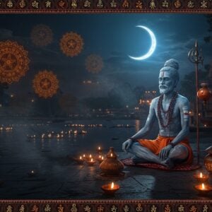 A mystical Indian ascetic in traditional Aghori attire (ash-covered body, rudraksha beads) seated in padmasana near a sacred cremation ground at twilight. The figure is surrounded by intricately detailed Madhubani-style borders featuring sacred symbols. A crescent moon illuminates the scene with ethereal blue light, casting detailed shadows. The background shows the Ganges river with floating diyas, creating golden reflections. Multiple mandalas float in the air, rendered in deep maroon and saffron, emitting a subtle glow. The overall composition balances dark elements with spiritual symbolism - sacred ash, damaru, kamandalu nearby. The art style combines hyperrealistic digital rendering with traditional Pattachitra patterns, emphasizing deep blues, blacks, and golden accents. Sacred Sanskrit symbols appear as glowing elements. The mood is contemplative and profound rather than frightening, with soft fog adding mystical atmosphere. Photorealistic rendering, cinematic lighting, volumetric fog, detailed textures, 8k quality.