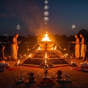 A grand Vedic ritual scene depicting a precisely constructed falcon-shaped fire altar (Uttaravedi) made of 1000 meticulously arranged bricks, glowing with ethereal golden flames against a deep twilight sky. In the foreground, three Indian priests in traditional white dhotis perform the ritual with sacred gestures, their faces illuminated by the fire's warm light. The altar emanates intricate Sanskrit symbols and geometric patterns in glowing saffron and gold hues, floating like mystical energy. Surrounding the altar are traditional Vedic ritual implements - copper vessels, wooden spoons, and silver plates arranged in ceremonial patterns. The background features stylized Madhubani-style elements showing the five elements: earth, water, fire, air, and ether in deep maroon, peacock blue, and gold colors. Ethereal smoke patterns form subtle mandalas in the air, while lotus flowers and celestial symbols float around the scene. The lighting is dramatic with the fire altar as the central source, casting sacred geometric shadows. The overall composition combines photorealistic textures with traditional Indian art patterns, creating a mystical atmosphere that captures the spiritual significance of the Agnicayana ritual.