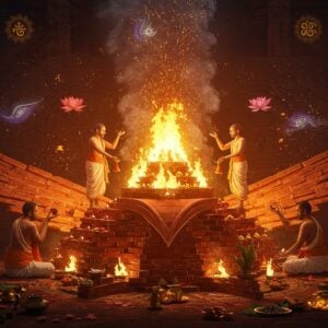 A grand ancient Vedic fire altar shaped like a falcon, meticulously constructed with 1,000 perfectly arranged red bricks, glowing with divine golden flames reaching towards the sky. Five Indian priests in traditional white dhotis and angavastrams perform the ritual, their hands raised in sacred mudras. The scene is illuminated by the ethereal fire, casting warm orange and gold hues. Intricate Madhubani-style patterns and sacred geometric designs float in the smoke. The background features stylized vedic symbols and yantra patterns in deep maroon and saffron. Floating lotus flowers and sacred items - gold vessels, soma plants, and ghee offerings - surround the altar. The atmosphere is mystical with sparks and embers floating upward, merging with cosmic swirls in peacock blue and gold. The lighting is dramatic, emphasizing the fire's divine glow. Hyper-detailed digital art with photorealistic elements, maintaining traditional Indian art sensibilities with modern aesthetics. The scene captures both the grandeur and spiritual depth of the ancient ritual.