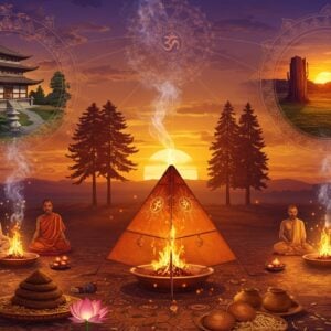 A mesmerizing panoramic scene showing five diverse locations around the world performing Agnihotra simultaneously at sunset. In the center, a traditional copper pyramid agnihotra pot with sacred fire rises prominently, emitting golden-orange flames and pure white smoke forming sacred geometric patterns. Around it, people from different cultures (wearing their traditional attire but all performing the ritual correctly) sit in meditation. The scene includes: a serene Japanese zen garden, an American redwood forest, a European countryside, an Australian outback, and an Indian ashram setting. The sky features a gradient from deep orange to purple, with the sun setting at different angles in each location, connected by intricate Madhubani-style line work. Floating particles of light and sacred rice grains surround each fire. The atmosphere is ethereal with soft glowing effects around each fire pit. The composition includes subtle elements like lotus flowers, mandalas, and vedic symbols rendered in gold and saffron hues. Detailed cow dung pyramids and brown rice grains near each agnihotra pot. The art style combines photorealistic elements with traditional Indian art patterns, creating a modern spiritual aesthetic with rich, deep colors and precise details.