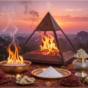 A sacred copper pyramid vessel performing Agnihotra ritual at sunrise, emitting golden-orange flames and pristine white smoke against a ethereal pink and purple sky. The pyramid contains glowing sacrificial fire with vibrant red and orange embers. In the foreground, a detailed arrangement showing three distinct sections: pure white Agnihotra ash in a brass plate decorated with intricate mandala patterns, traditional grey Bhasma in an ornate silver vessel with peacock motifs, and healing herbs scattered artistically. Soft beams of morning sunlight illuminate particles of ash floating in the air, creating a mystical atmosphere. The scene is set in a serene garden with blooming lotus flowers and tulsi plants. A subtle overlay of sacred geometry patterns and Vedic symbols in gold add depth. The art style combines hyperrealistic textures with traditional Madhubani patterns, featuring a rich color palette of saffron, copper, gold, and deep maroon. Atmospheric lighting emphasizes the sacred and scientific duality of the scene.