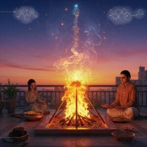 A serene sunrise scene showing an intricate copper Agnihotra pyramid at the center, emitting golden-orange flames and smoke swirls that form ethereal mandalas in the air. A modern Indian family dressed in contemporary clothing performs the ritual in their minimalist balcony garden. The pyramid contains glowing embers of cow dung cakes and ghee, with sacred brown rice grains visible nearby. Healing energy waves visualized as luminous concentric circles in saffron and blue emanate from the fire. The background features a gradient sky transitioning from deep indigo to soft pink, with modern high-rise buildings silhouetted. Scientific symbols like DNA helices, molecular structures, and air purification indicators float subtly in the smoke patterns. The scene is rendered in a harmonious blend of traditional Madhubani patterns and sleek digital art style, with rich gold accents and peacock blue highlights. Multiple small vignettes around the main scene show purified air particles, enhanced crop growth, and cellular regeneration, all connected by flowing energy lines. The lighting emphasizes the sacred fire's warm glow against the contemporary urban setting, creating a perfect fusion of ancient wisdom and modern science.