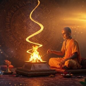 A serene Indian priest performing Agnihotra at sunrise, seated on an ornate wooden platform, wearing traditional white dhoti and angavastram. The sacred copper pyramid agnihotra pot takes center stage, emanating golden-orange flames that spiral upwards in mystical patterns. Brown rice grains and ghee droplets float mid-air around the flames. The background features an intricate Madhubani-style mandala in deep saffron and gold, with Vedic geometric patterns. Swirls of purifying smoke form ethereal Sanskrit symbols that dissolve into the air. The scene is illuminated by both the rising sun and the sacred fire, creating a warm, golden glow. Crystal-clear dew drops on nearby tulsi leaves reflect the fire's light. The atmosphere is enhanced by subtle auras of blue and violet energies, representing spiritual purification. Photorealistic digital art style with magical realism, cinematic lighting, volumetric fog, high detail, shot from a slightly elevated front angle, shallow depth of field focusing on the fire and the priest's serene expression.