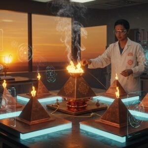 A mesmerizing scientific laboratory setting fused with traditional Vedic elements, featuring a copper pyramid Agnihotra pot in the center emitting golden-orange flames and pristine white smoke forming sacred geometric patterns. Advanced holographic displays and data visualizations float around the ritual setup, showing molecular structures and energy field measurements in soft blue hues. An Indian scientist in a white lab coat adorned with subtle mandala patterns performs the ritual while sophisticated scientific instruments with glowing sensors record data. The background showcases a sunrise/sunset through a large window, casting warm amber light. Multiple copper pyramids arranged in a mandala pattern on illuminated research tables emit synchronized flames. Ethereal energy patterns visualized as golden threads connect the pyramids. The scene includes modern laboratory equipment seamlessly integrated with traditional Vedic symbols and yantra patterns. Floating 3D representations of atmospheric particles and purification patterns surround the setup. The art style combines hyperrealistic scientific accuracy with traditional Indian Madhubani patterns in the details, featuring a color palette of copper, gold, saffron, and electric blue with soft glowing accents. The overall atmosphere suggests a perfect blend of ancient wisdom and cutting-edge research.