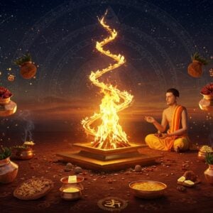 A serene twilight scene showing a detailed traditional brass Agnihotra pyramid in the center, emanating golden-orange flames that spiral upward into the cosmic sky. Sacred brown rice and ghee offerings float ethereally around the fire. A modern Indian priest in pristine white dhoti performs the ritual with closed eyes and peaceful expression, his hands in mudra positions. The background features intricate Vedic geometric patterns in deep indigo and gold, merging with cosmic constellation patterns. Floating copper utensils, dried cow dung cakes, and Sanskrit symbols creating a circular mandala pattern around the main scene. The fire's glow illuminates everything with a warm, healing light, creating dramatic shadows. Smoke tendrils form subtle healing symbols in the air. Art style combines hyperrealistic digital rendering with traditional Madhubani patterns, featuring rich colors of saffron, deep maroon, and burnished gold. The scene should have floating particles of light and subtle energy lines showing the purifying nature of the ritual. Time-lapse elements showing sunrise and sunset merged into one frame.