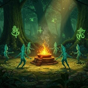 A mystical forest scene in Sumeru style featuring a glowing ancient fire altar (Agnihotra kund) at the center, emitting golden-orange flames and sacred smoke patterns. Around it, detailed Aranara creatures with their signature leaf-like appearances dance in a circle, their bodies emanating soft teal and emerald bioluminescence. The background showcases massive ancient trees with patterns of Dendro symbols etched in their bark, glowing with gentle green light. Floating Dendro particles and fireflies illuminate the scene. The forest floor is decorated with intricate Sumeru-style mandalas and Sanskrit-inspired patterns that pulse with energy. A weathered stone tablet with ancient wisdom stands nearby, partially covered in vines. The lighting creates a magical atmosphere with rays of golden sunlight filtering through the dense canopy, creating god rays. The art style combines traditional Indian Madhubani patterns with modern fantasy game aesthetics, rendered in rich emerald greens, deep golds, and forest browns. Hyperrealistic details with fantasy elements, magical particle effects, and volumetric lighting.