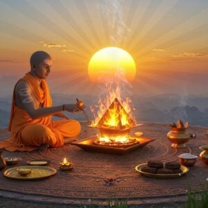 A serene Indian priest performing Agnihotra at sunrise, seated cross-legged on an ornate mandala pattern. He's wearing pristine white dhoti and angavastram, holding a copper pyramid-shaped homa kund radiating golden flames. The fire emits intricate smoke patterns forming sacred geometrical designs in the air. Around the fire are arranged traditional ingredients - rice grains, ghee, and dried cow dung cakes on brass plates decorated with traditional Madhubani patterns. The background features a large rising sun with rays of orange and gold, merged with ethereal blue morning sky. Vedic symbols and yantra patterns float subtly in the atmosphere. The scene is illuminated by both the morning sunlight and the sacred fire's glow, creating a mystical interplay of light. Dew drops on nearby sacred grass sparkle like diamonds. The priest's face shows deep concentration and peace. The art style combines hyperrealistic digital rendering with traditional Indian Pattachitra elements, featuring rich colors of copper, gold, saffron, and deep blues. 4K, highly detailed, volumetric lighting, cinematic composition.